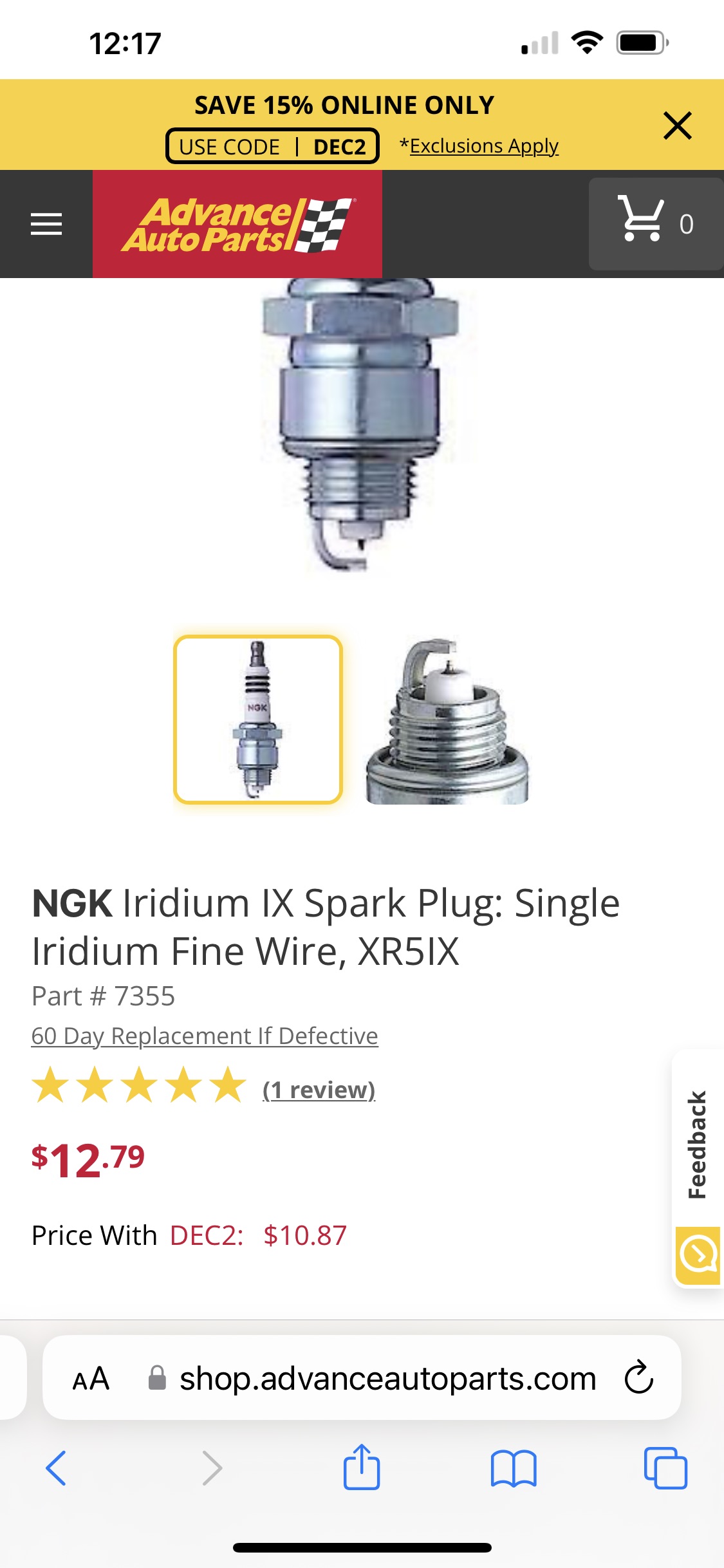 NGK Iridium IX Spark Plug Single Iridium Fine Wire, XR5IX 7355 - Advance Auto Parts.png